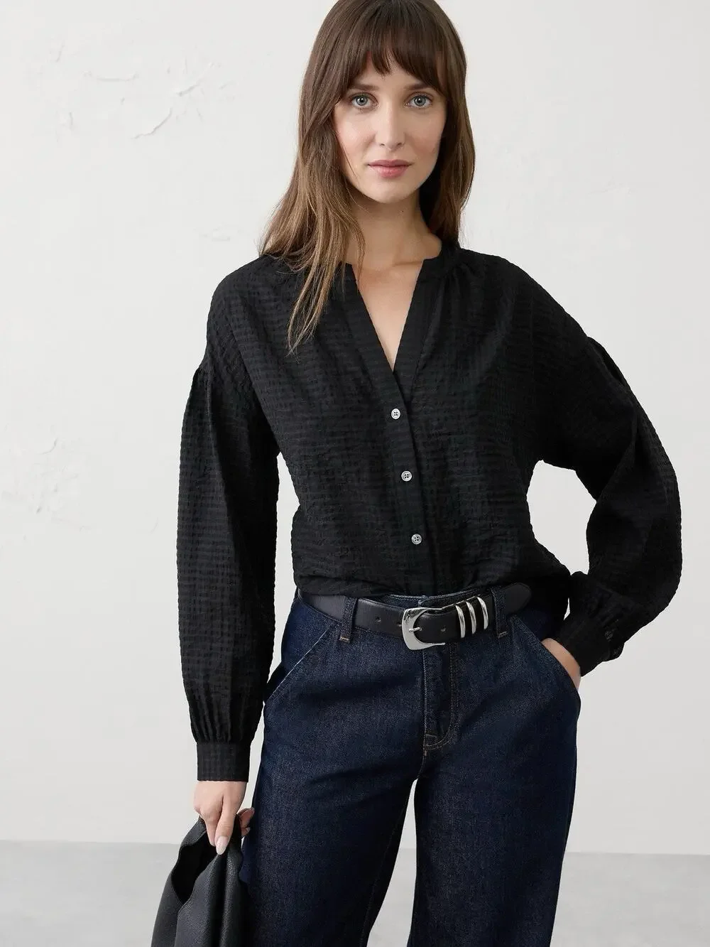 NWT BANANA REPUBLIC Womens Long Sleeve Black Jacquard Puff Top XS New